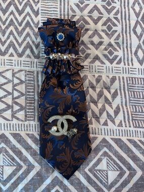 Navy and Bronze Floral Satin Hair Bow with Decorative Brooches